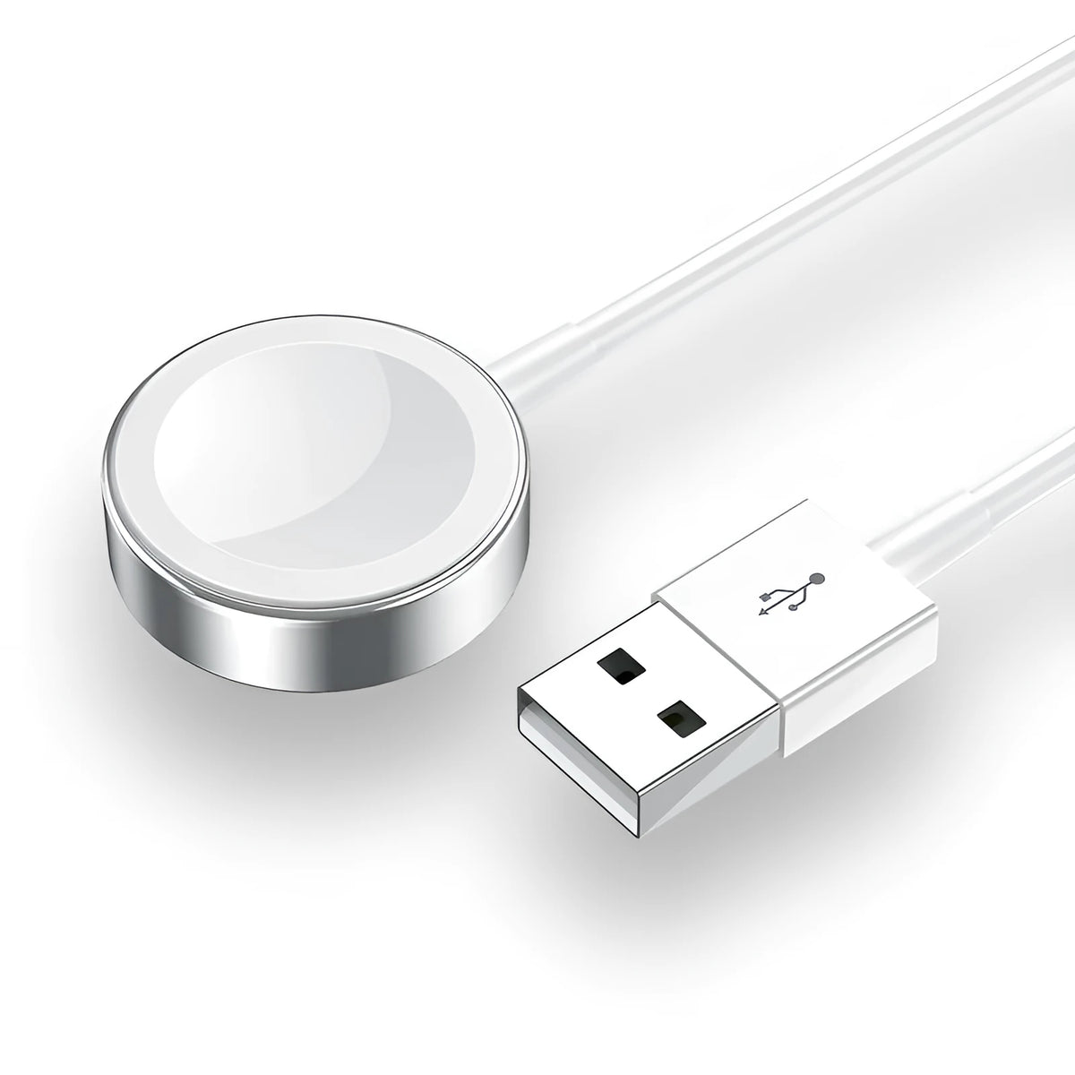 White Apple Watch wireless charger with 1m USB cable, ABS and stainless steel, 2W output, compatible with iPhone models