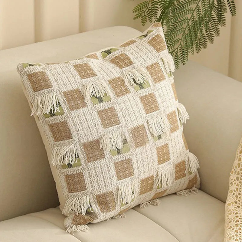 Square Jacquard pillow cover with detailed retro floral pattern on a grey sofa, showing 45x45cm size.