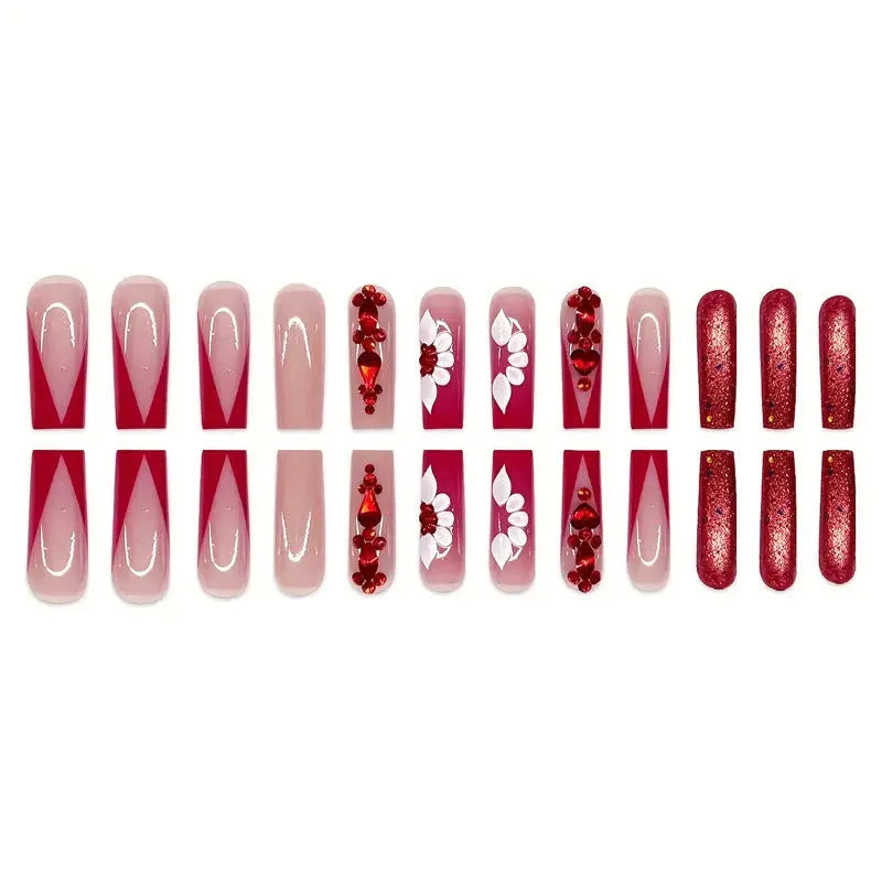 Sweet flower design fake nails with red diamond decoration in European square shape