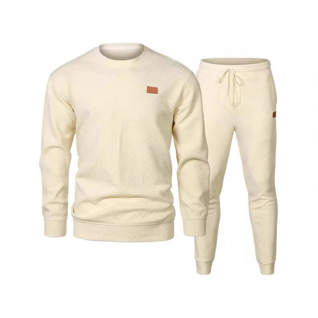 Men's round neck sweater set with long sleeve top and trousers in polyester blend, shown in black, beige, gray, khaki and army green