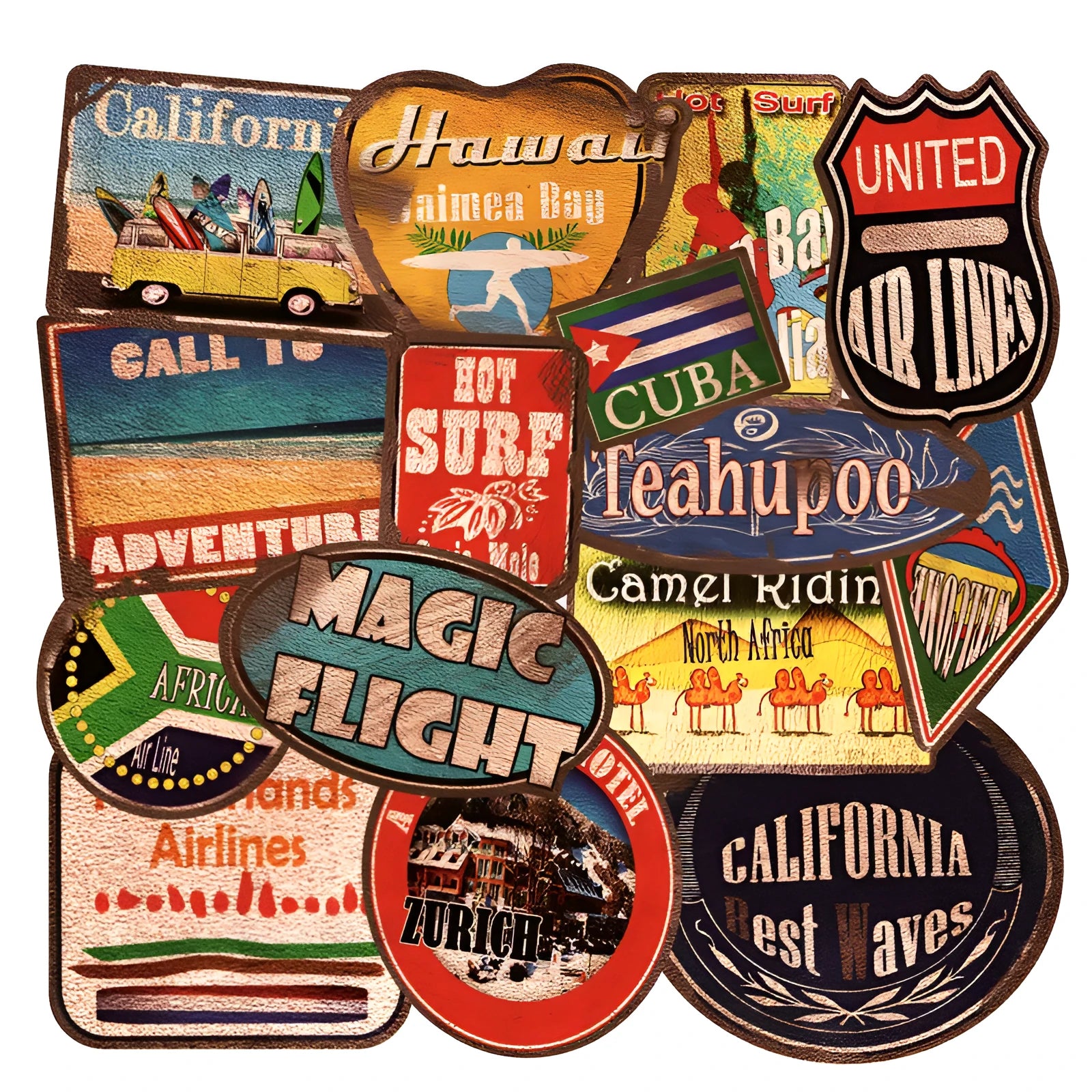Collection of 36 retro beach and surfing themed PVC stickers with matte finish ranging 6-10cm