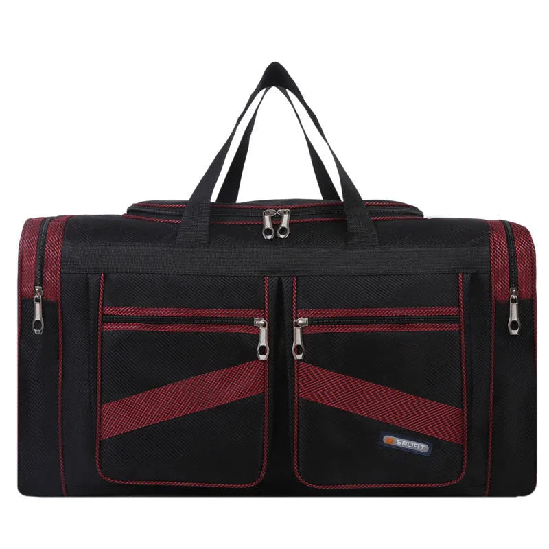 Foldable large capacity tote travel bag in Oxford cloth with zipper opening and soft handle, available in blue, grey, khaki, red