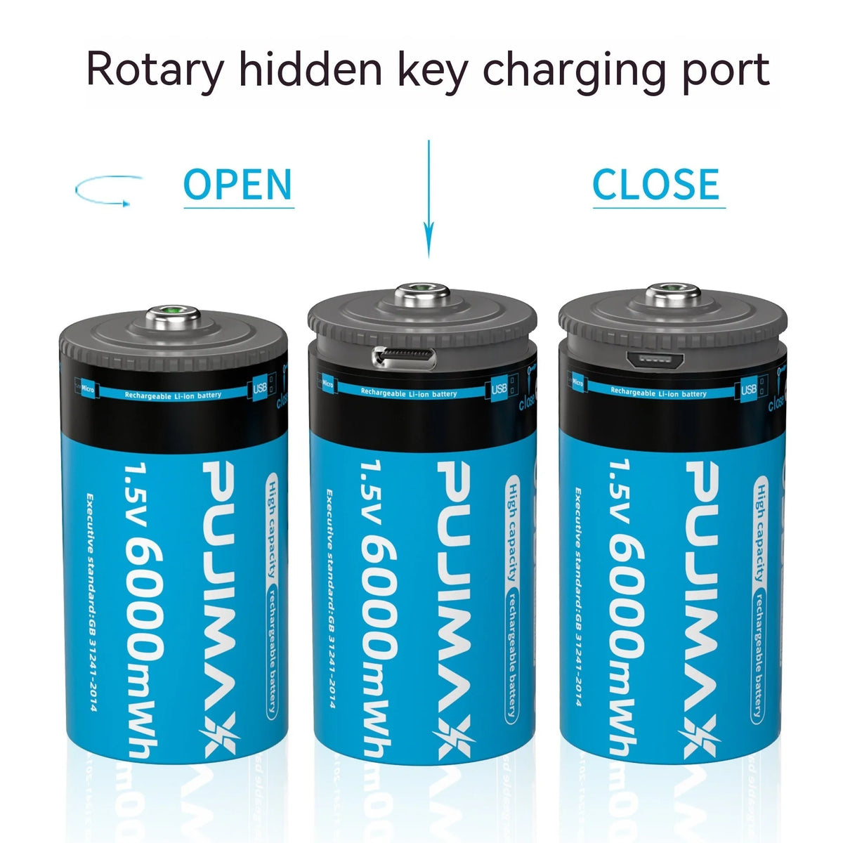 USB rechargeable 1.5V battery, 6000mWh, Type-C Micro USB, 32mm x 61mm, for water heater shower rocking chair flashlight