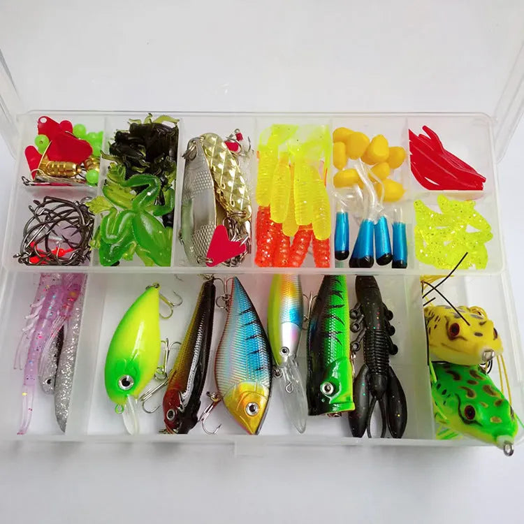 142-piece fishing lure kit containing hard minnow lures, soft plastic sequins, fishhooks, and metal pliers on a blue background.
