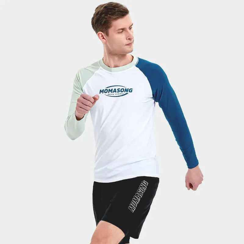Men's white long sleeve swimsuit with matching trunks for sun protection during swimming and surfing