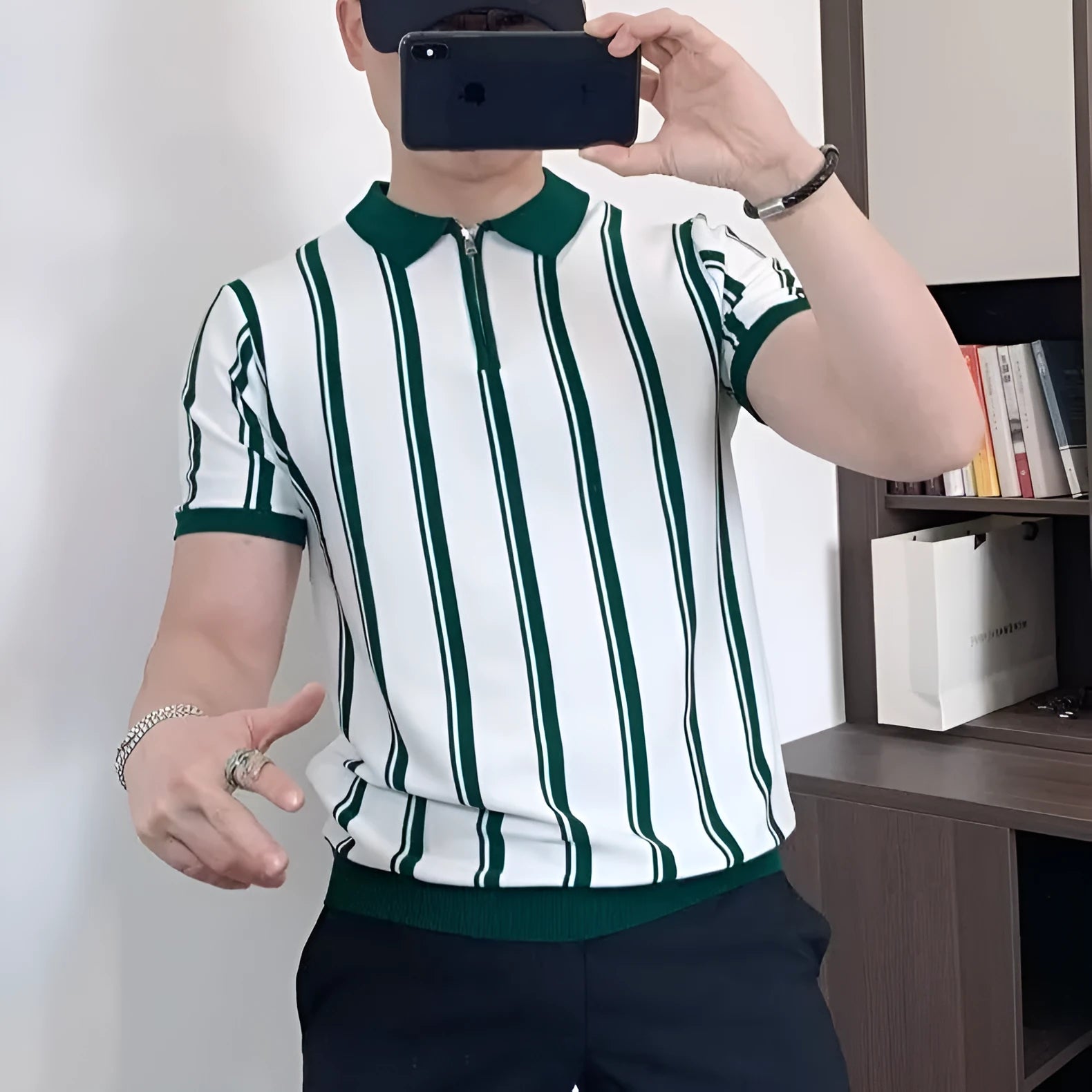 Korean style vintage stripe men's T-shirt with half-sleeve zip detail and cartoon print in black or white colours