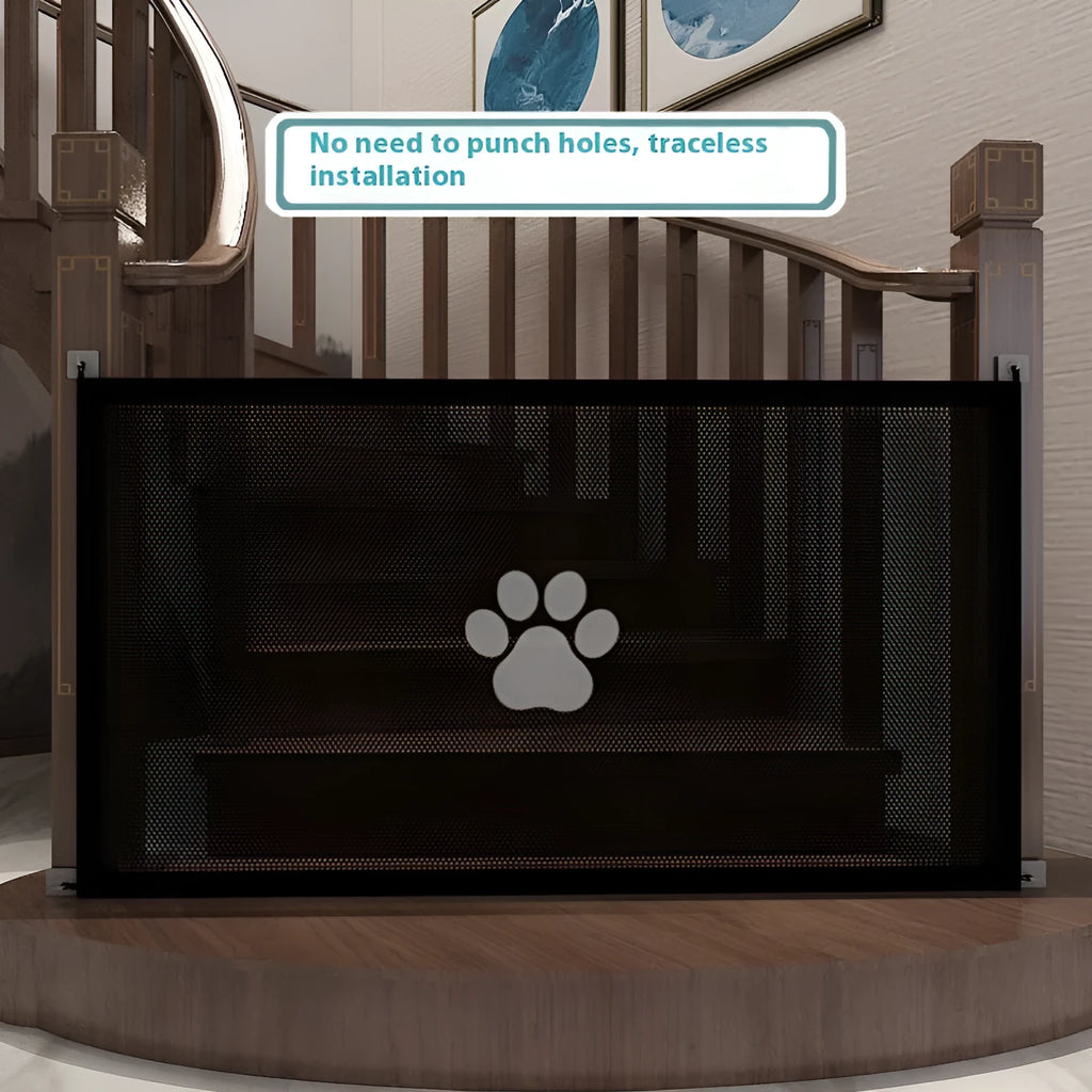Folding dog barrier safety net fence with pet doorsill design in black or white dog footprint patterns