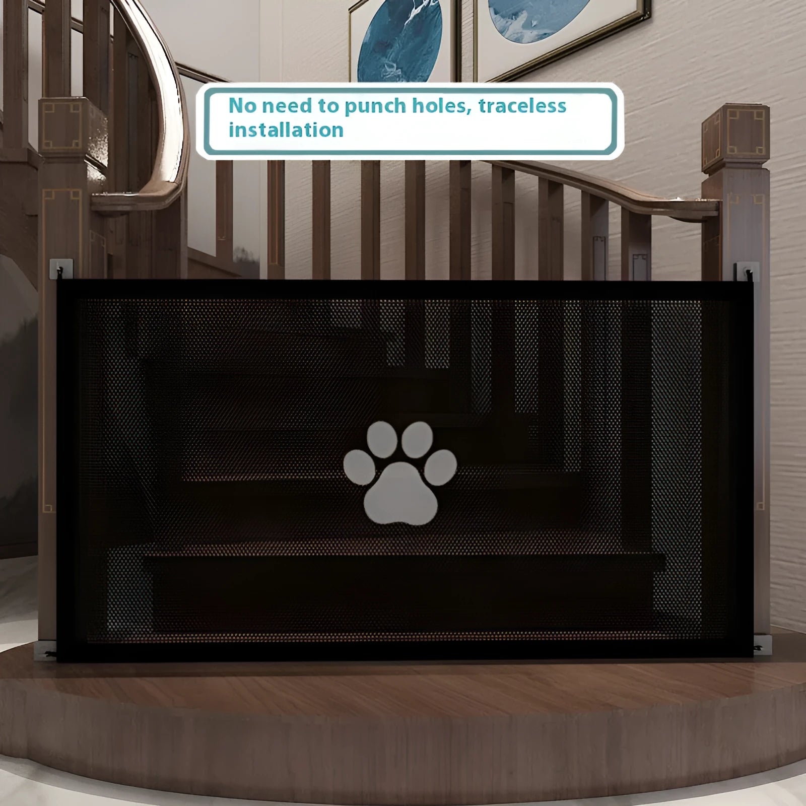 Folding dog barrier safety net fence with pet doorsill design in black or white dog footprint patterns