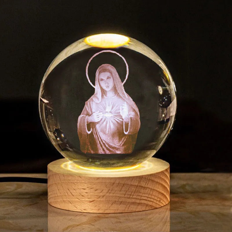 6cm white crystal religious ornament on wooden base with warm lighting