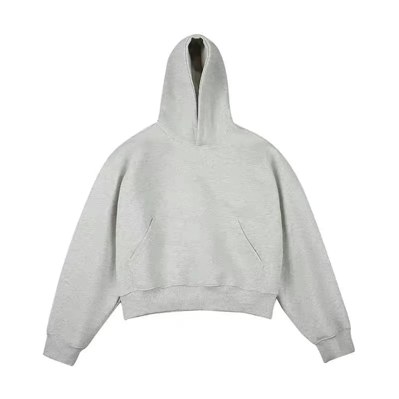 Short version Chinese cotton composite hooded sweater with removable hood in dark grey, shown with long sleeves.