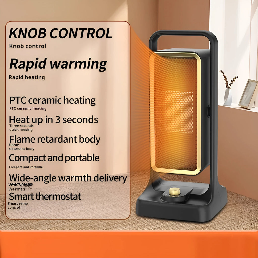 Black PTC ceramic desktop air heater with control knob on a wooden table.