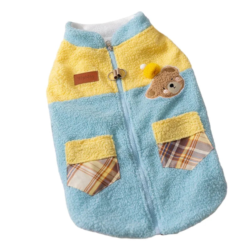 Cute bear embroidered pet fleece jacket with plaid pockets and leash ring for small dogs in yellow