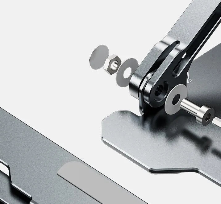 Grey adjustable aluminium laptop stand in folded and open positions on a desk.