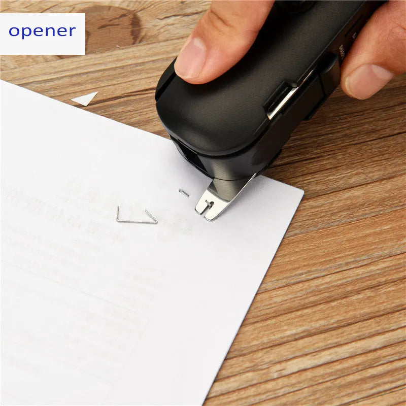 KOONSLED black multifunctional mini stapler with staple remover, 113x38x33mm size, on white background