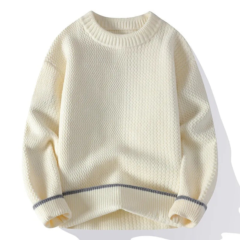 Men's grey round neck loose fitting sweater with long sleeves for autumn winter wear