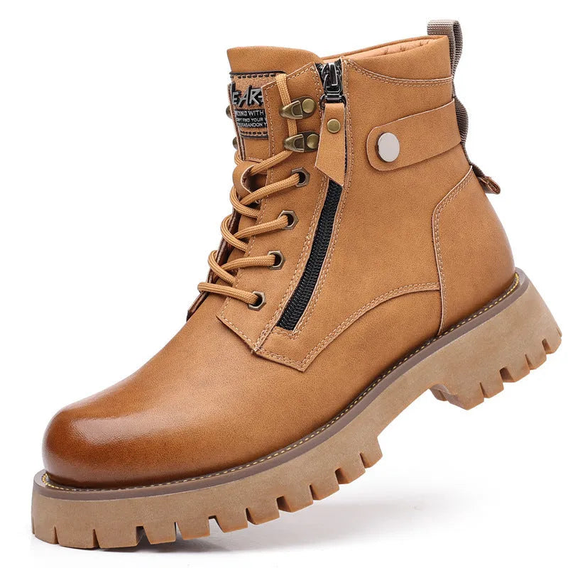 Men's brown leather high-top Martin boots with side zipper and velvet detail on shaft.