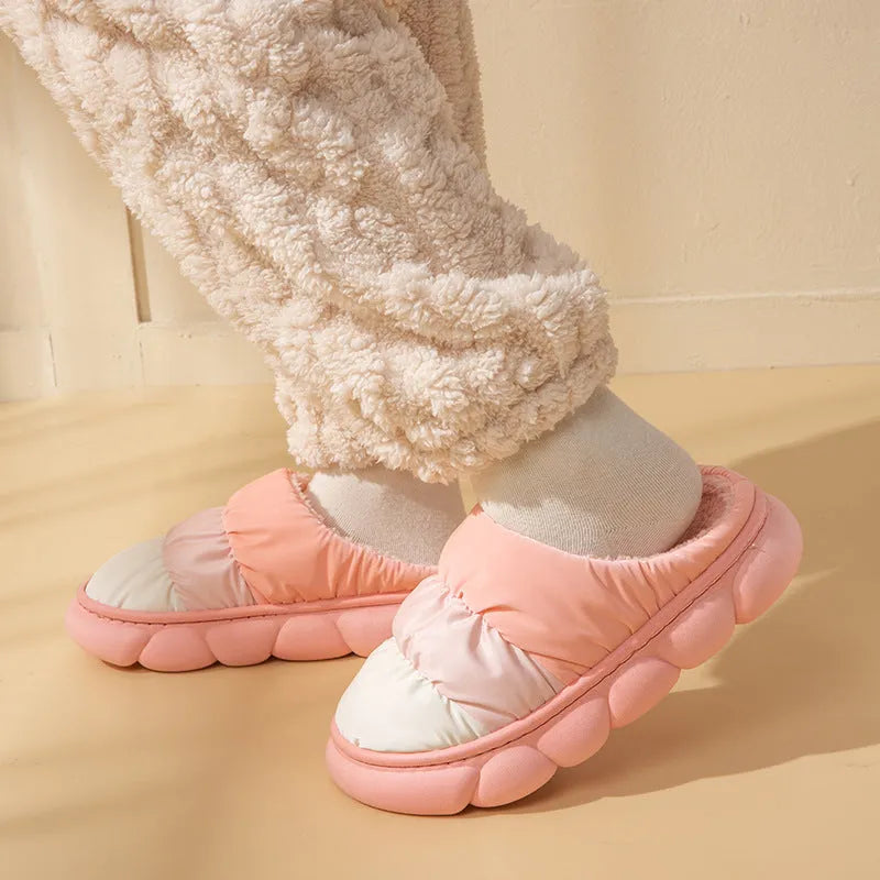 Gradient plush winter house slippers with waterproof cloth upper and anti-skid foaming sole, in pink purple green grey or dark blue.