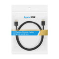 Close-up of a black HDMI cable with gold-plated connectors and a flexible cord on a grey background.
