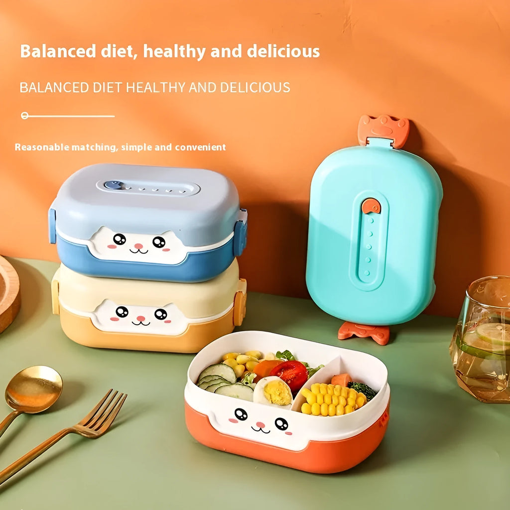 Square plastic divided lunch box in dark blue, orange yellow, or pink and green colours