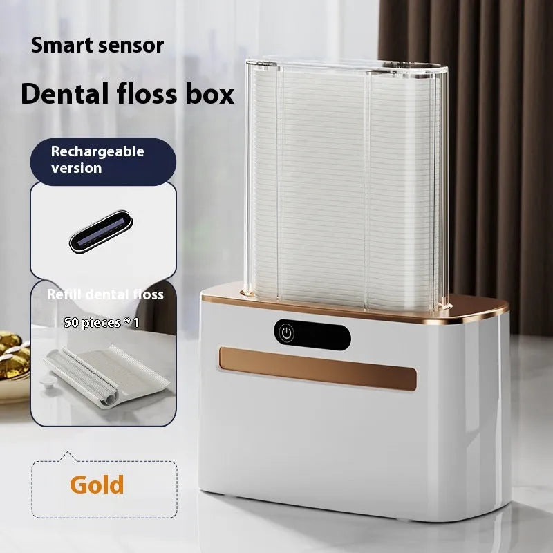 Intelligent induction dental floss box in dark gray, light gray, and gold colour options with USB charging port