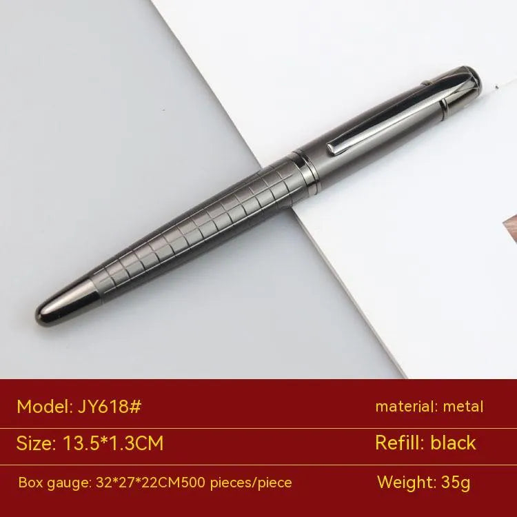 Grey metal retractable roller pen for business signatures on a white background.