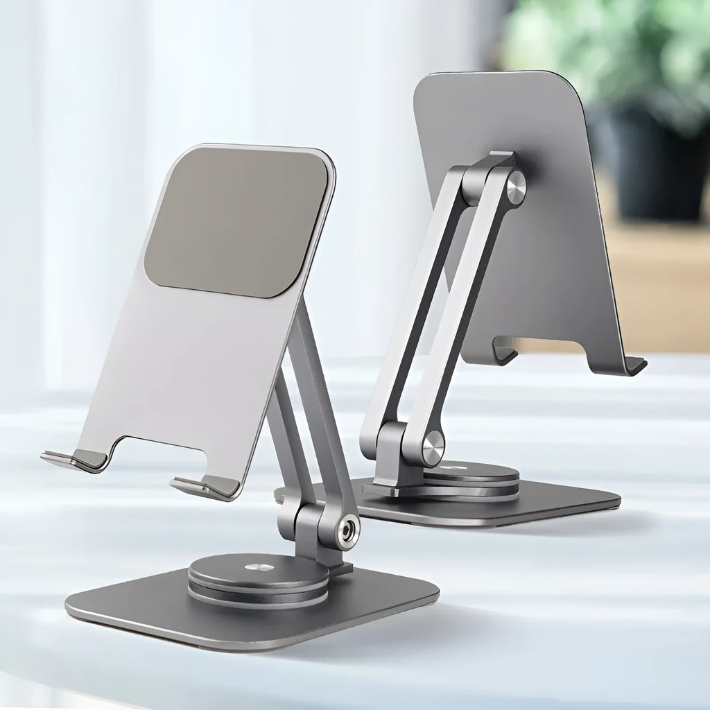 Aluminum alloy rotary desktop phone holder for tablets under 13 inches, with silicone pad, in black, silver grey or silvery white