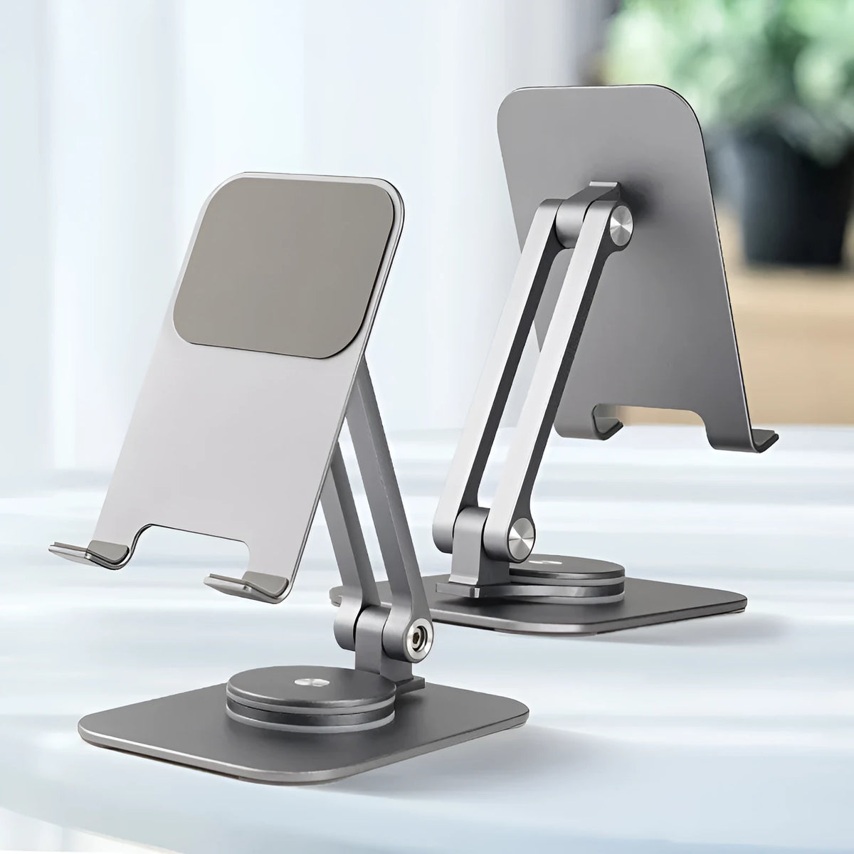 Aluminum alloy rotary desktop phone holder for tablets under 13 inches, with silicone pad, in black, silver grey or silvery white