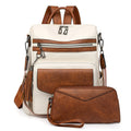 Retro women's backpack with two-tone fringe, soft PU outer, multiple compartments, available in various colours.