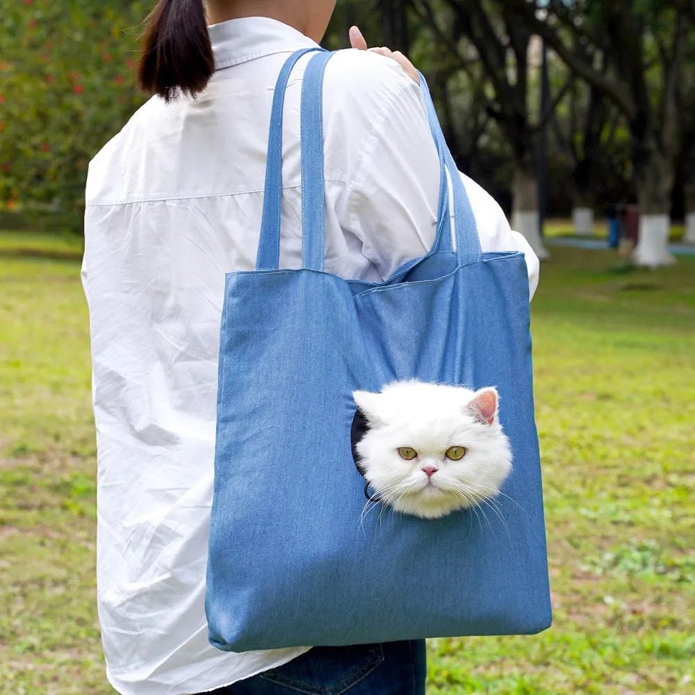Canvas pet carrier shoulder backpack with cartoon pattern for small dog or cat transport.