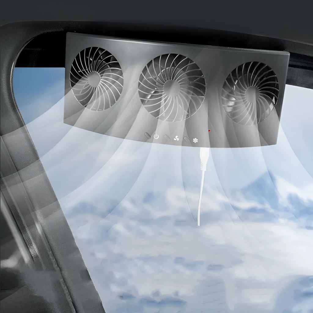 Black and white USB car ventilation fan for vehicle air circulation and odour removal