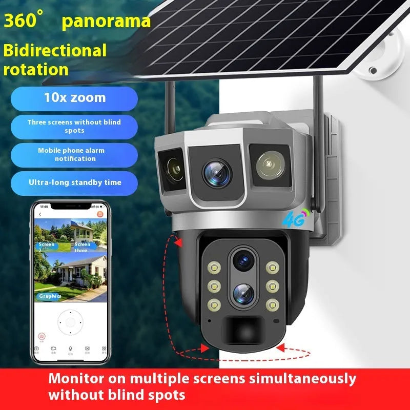 V380 outdoor security camera with solar panel showing 10x zoom capability and 4G connectivity