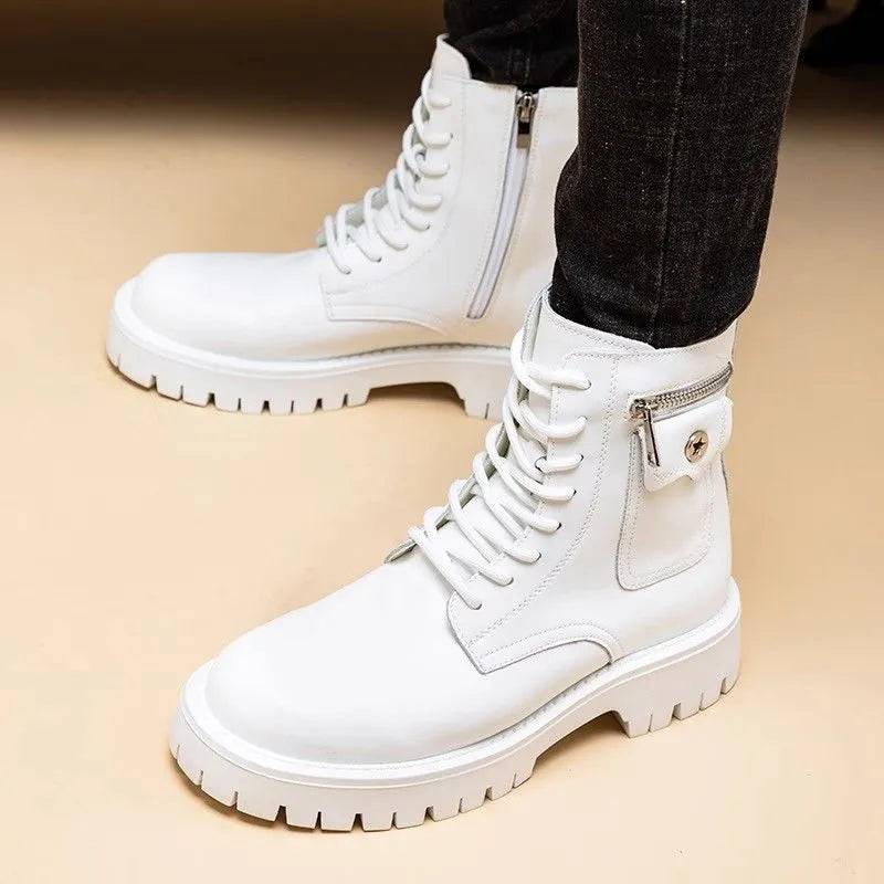 Men's Martin high-top PU leather boots with buckle closure in black on a white background showing side profile