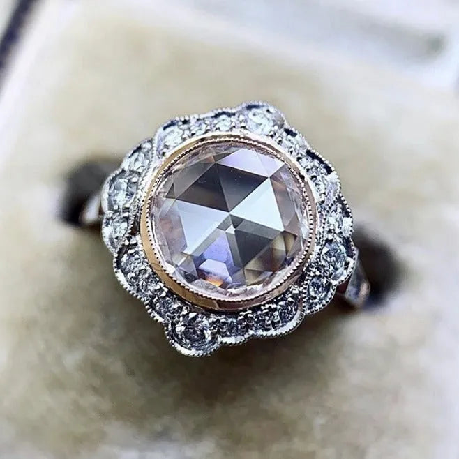 Rose gold two-tone alloy ring with white diamond moissanite stone geometric shape for women