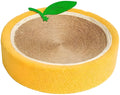 Yellow fruit-shaped sisal cat scratching board and round bed for small cats.