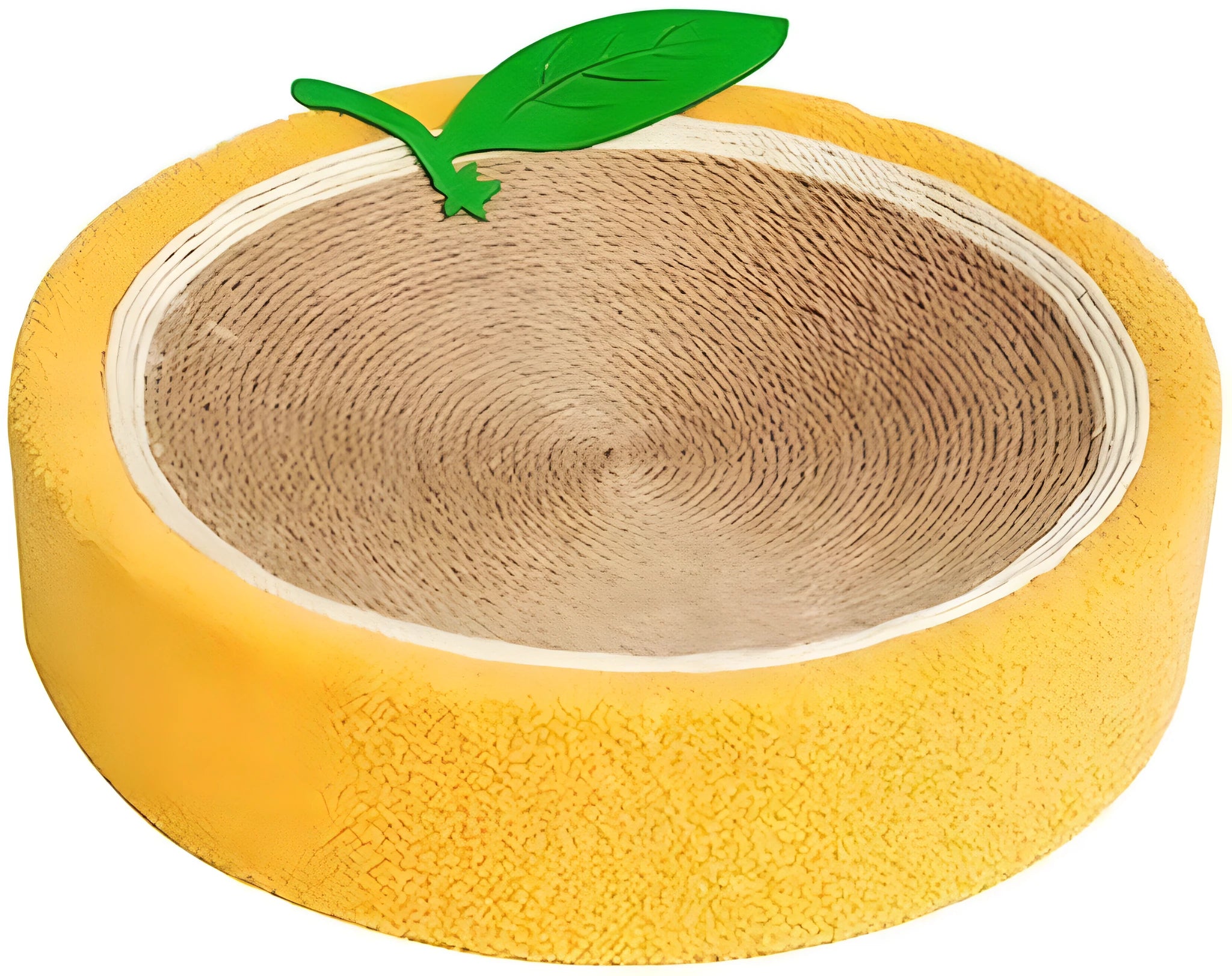 Yellow fruit-shaped sisal cat scratching board and round bed for small cats.