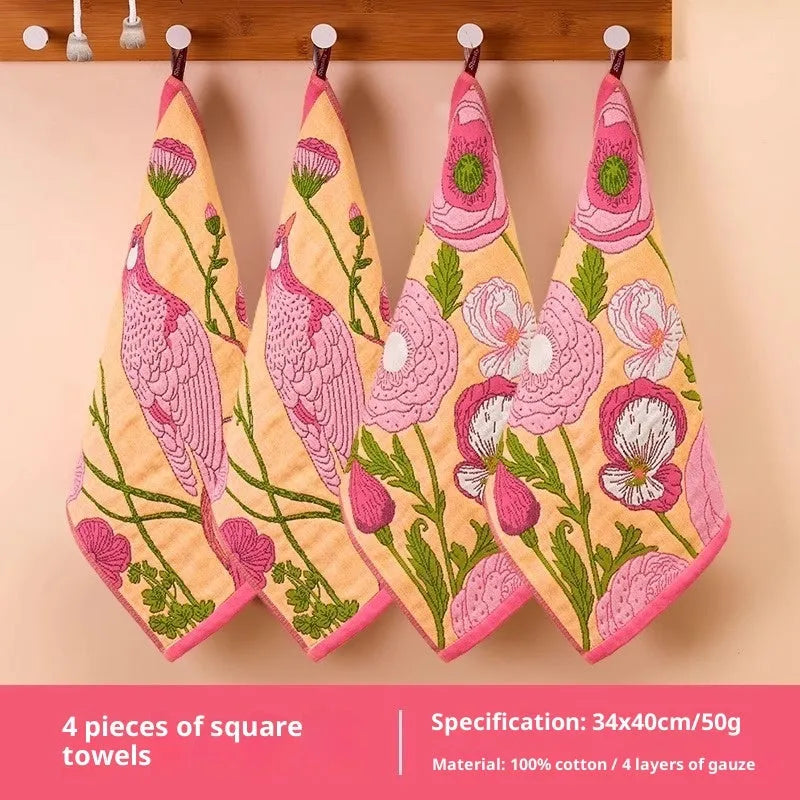 Class A pure cotton gauze square towel 40x34cm in printed Pink Phoenix, Peony, Smoke Bird, and White Pigeon designs