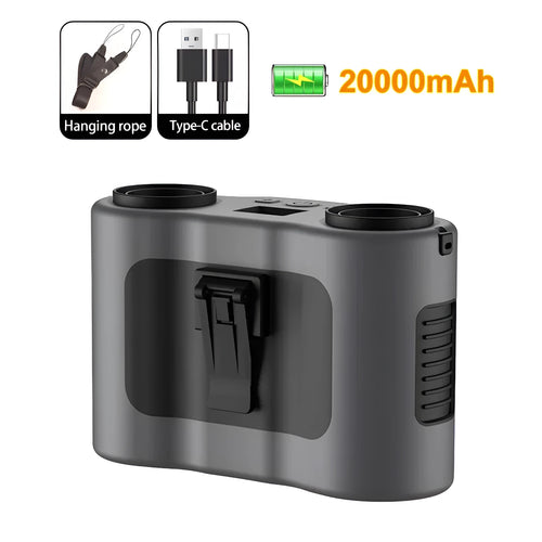 Grey waist-hung personal fan with waist clip and neck lanyard, shown on a belt.