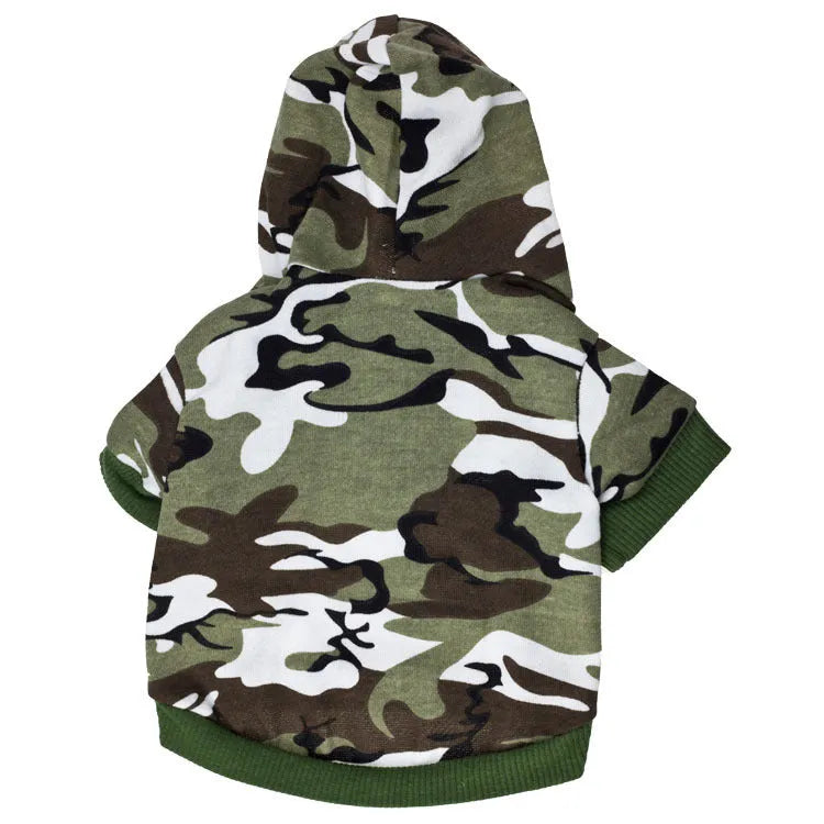 Fleece printed dog clothes in style A on a small dog, with collar opening and four leg holes