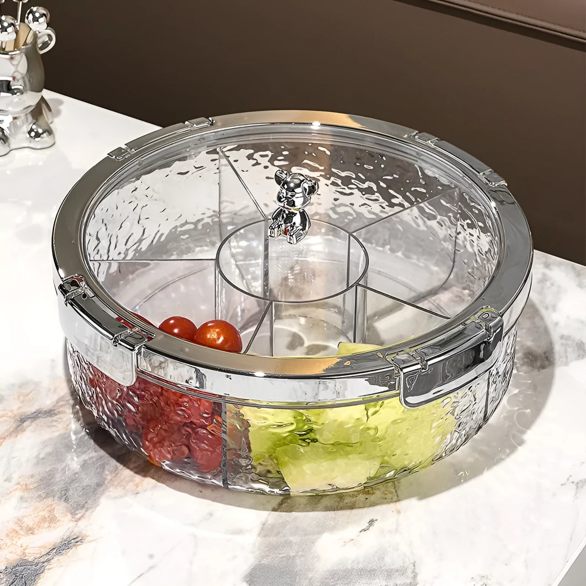 Sealed plastic candy box with lid for dried fruit and nuts, shown in milk silver or transparent grey silver