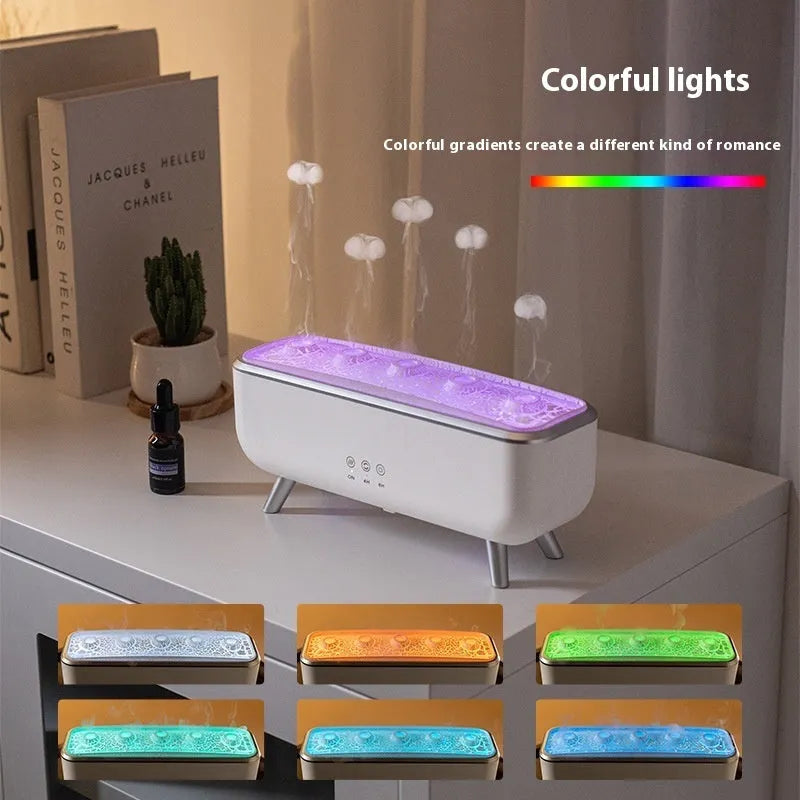 White square ultrasonic jellyfish smoke ring humidifier with remote control and UK plug for desktop use