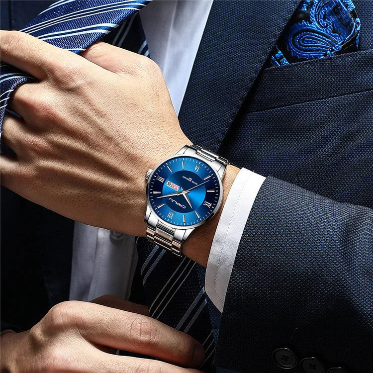 Men's casual business quartz watch with alloy case, 30m waterproof, plexiglass mirror, available in multiple colours