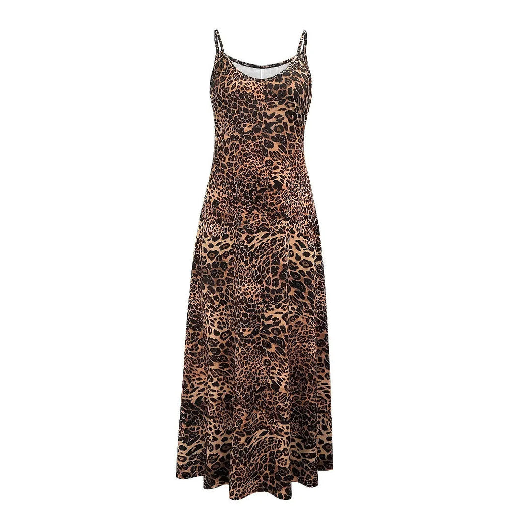 Dark brown leopard print sleeveless dress with shoulder straps and hip skirt cut
