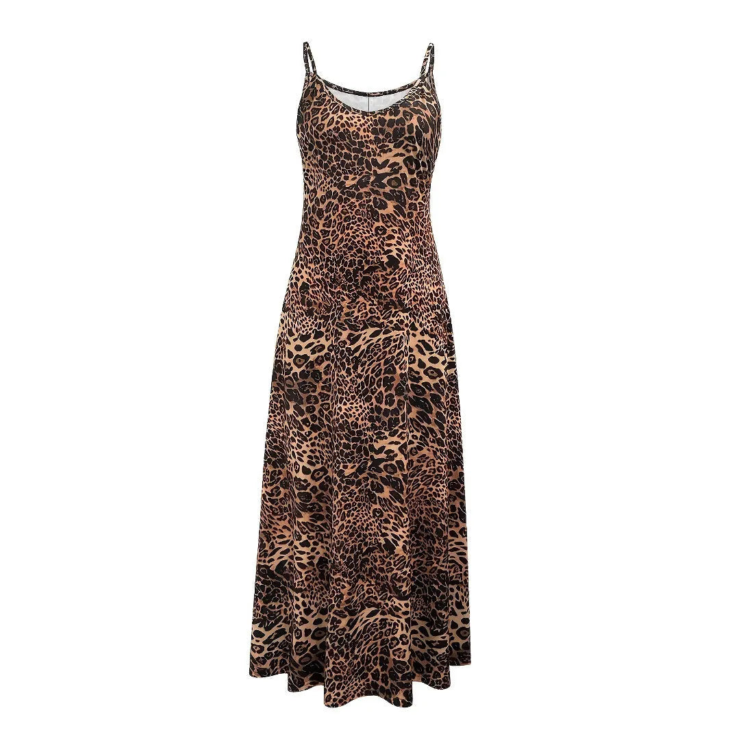 Dark brown leopard print sleeveless dress with shoulder straps and hip skirt cut