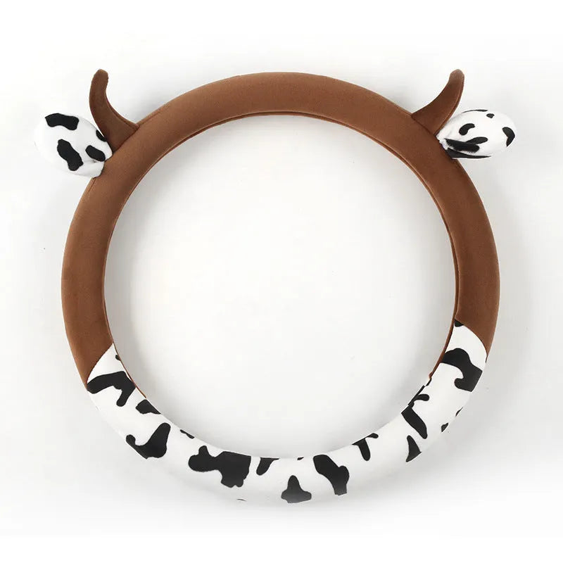Plush car steering wheel cover in black and coffee colours showing protective handle feature