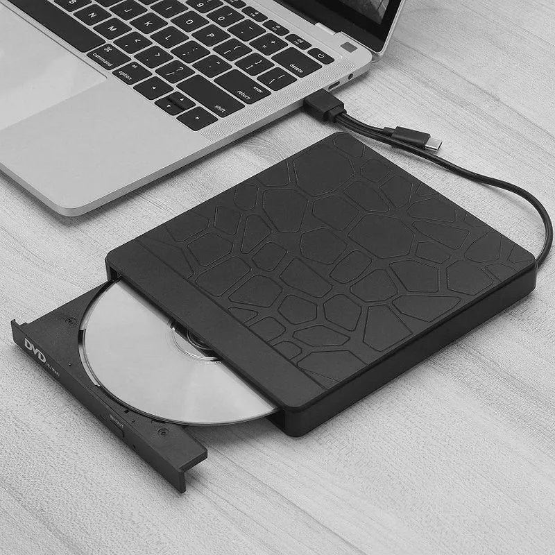 Black 5-in-1 external optical drive for notebook computer with dual interface, size 15.4x14.3x1.8cm