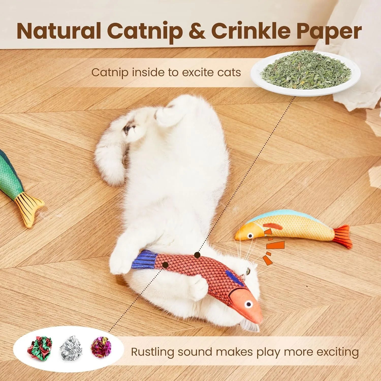 Saury fish shaped cat toy with organic catnip filling and crinkle sounds in green colour