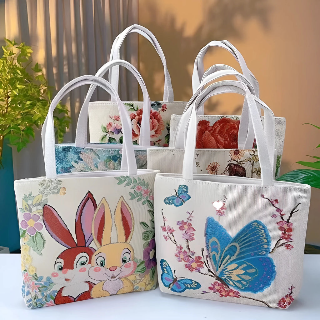 Double-sided gold wire embroidered handheld canvas tote bag in a choice of seven patterns and three sizes.
