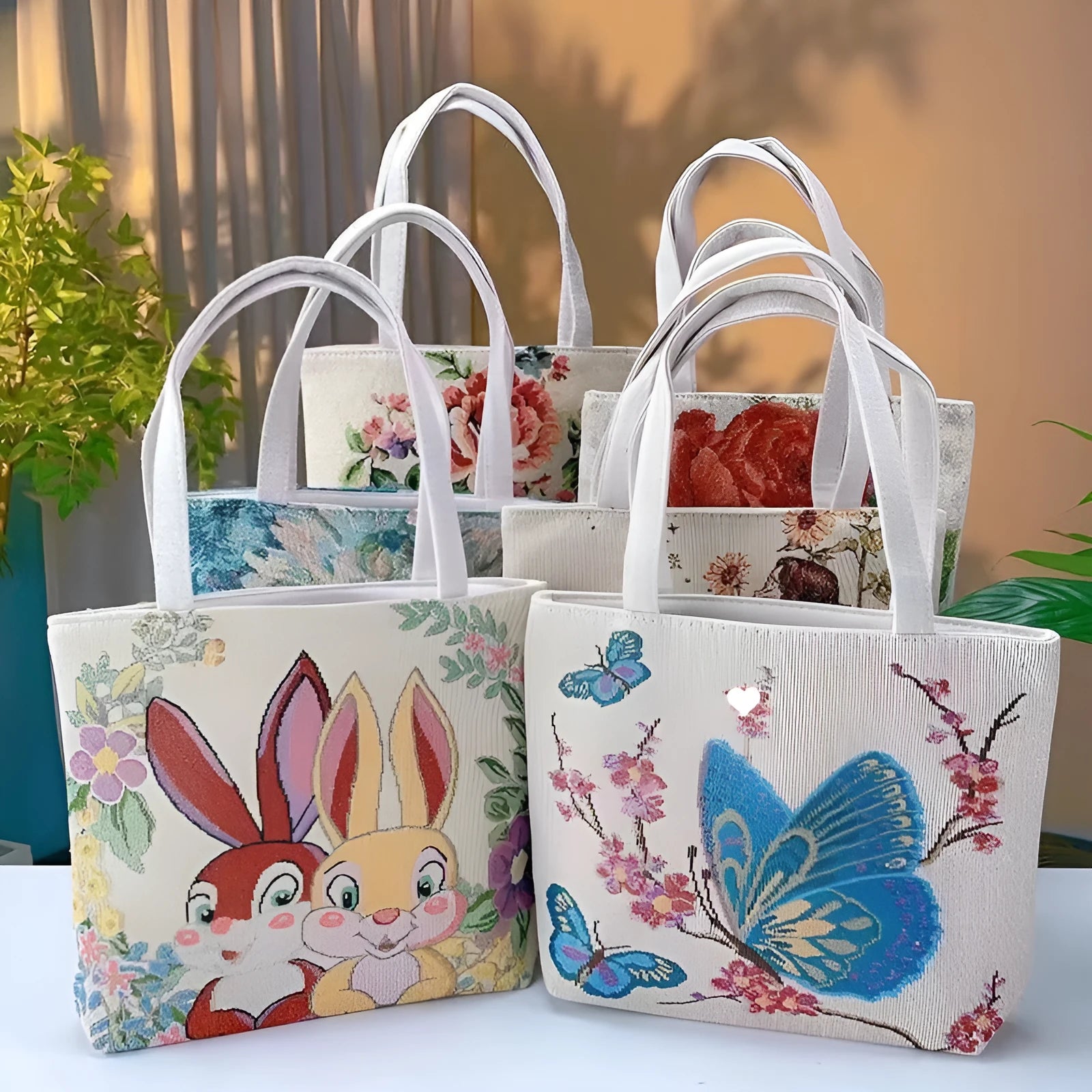 Double-sided gold wire embroidered handheld canvas tote bag in a choice of seven patterns and three sizes.