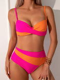Orange women's split bikini set with steel bracket bra and matching briefs.