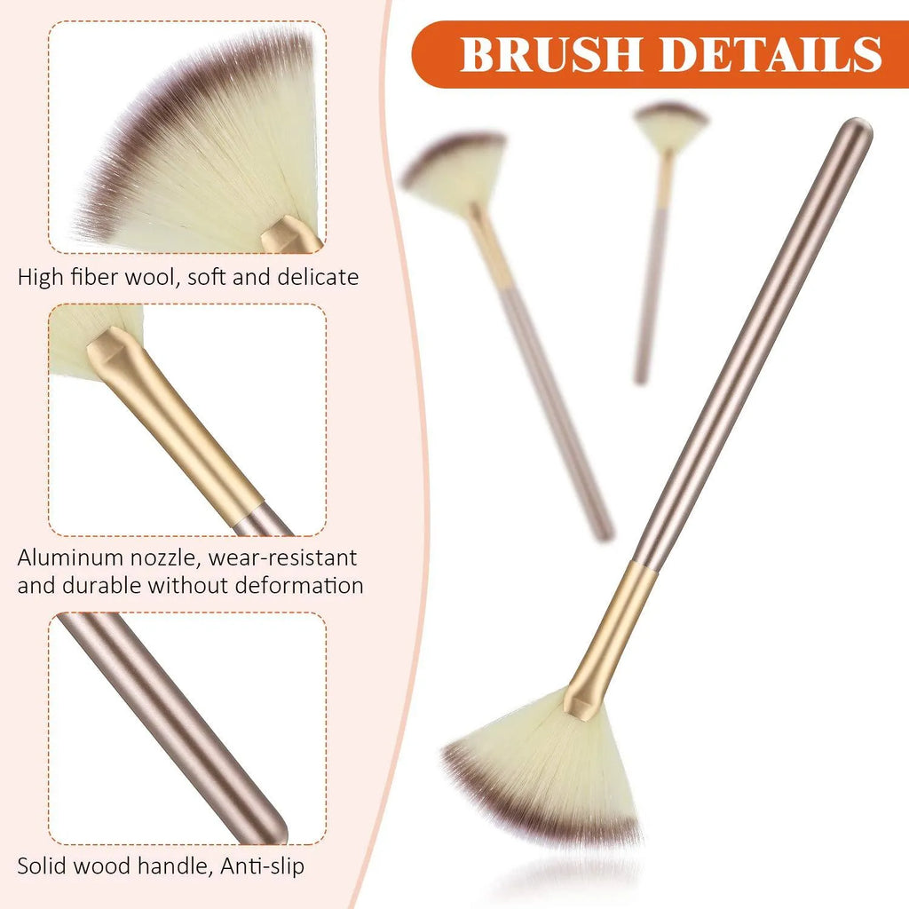 Ten champagne-coloured facial fan brushes with acrylic handles and protective covers
